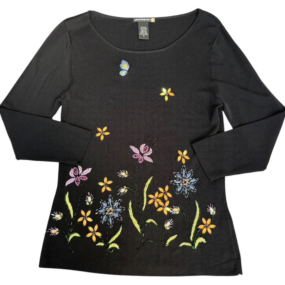Sweaterworks VTG Whimsical Floral Beaded Sequin Butterfly Small Sweater Y2K